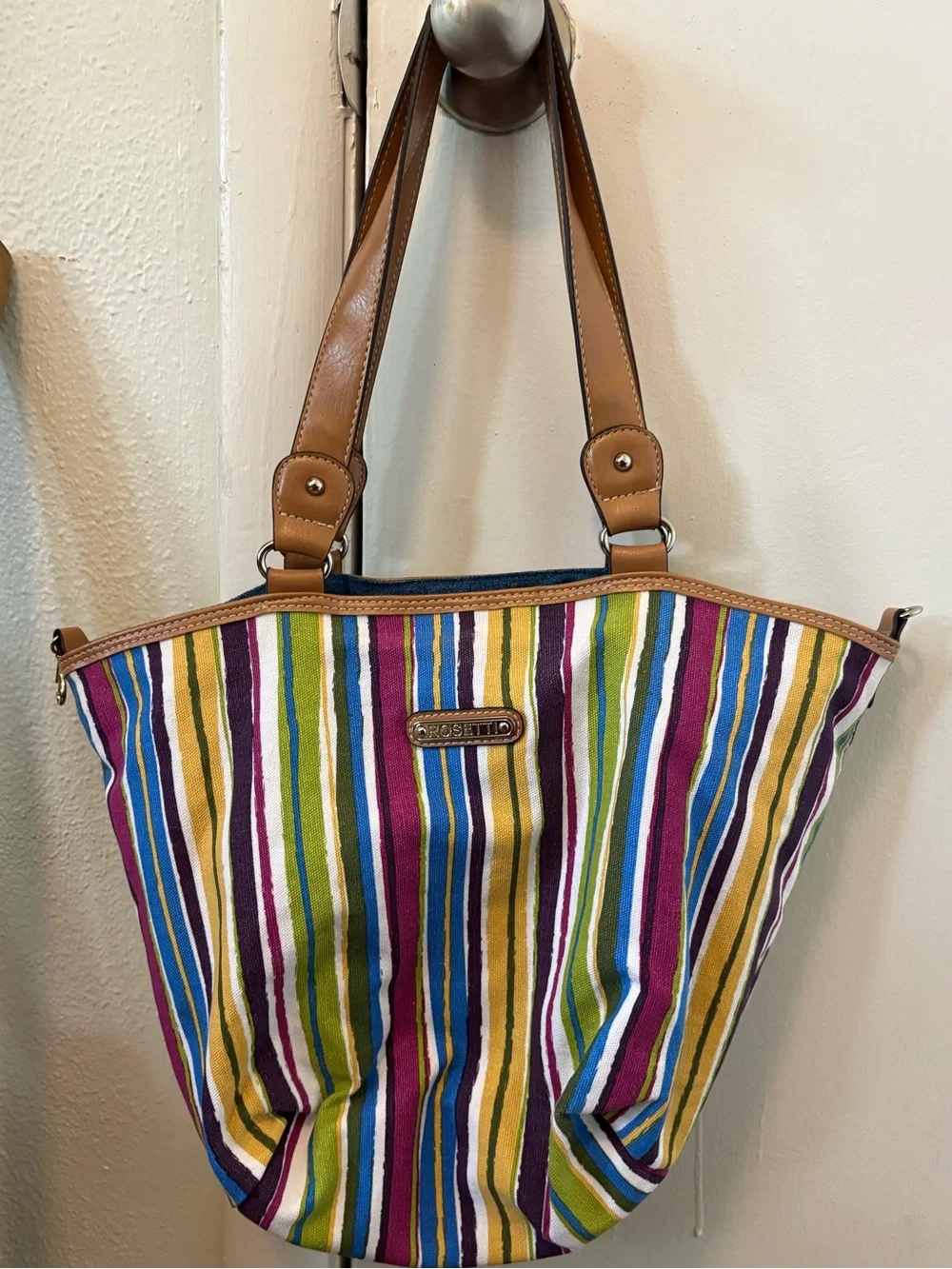 Multicolor Striped Tote Bag with Tan Handles